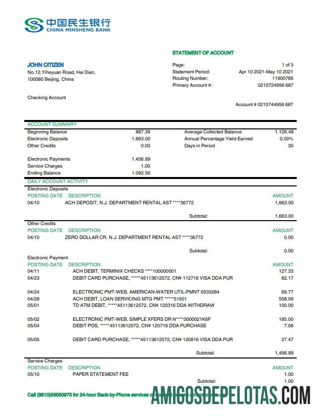China Minsheng extrato bancário amostra
